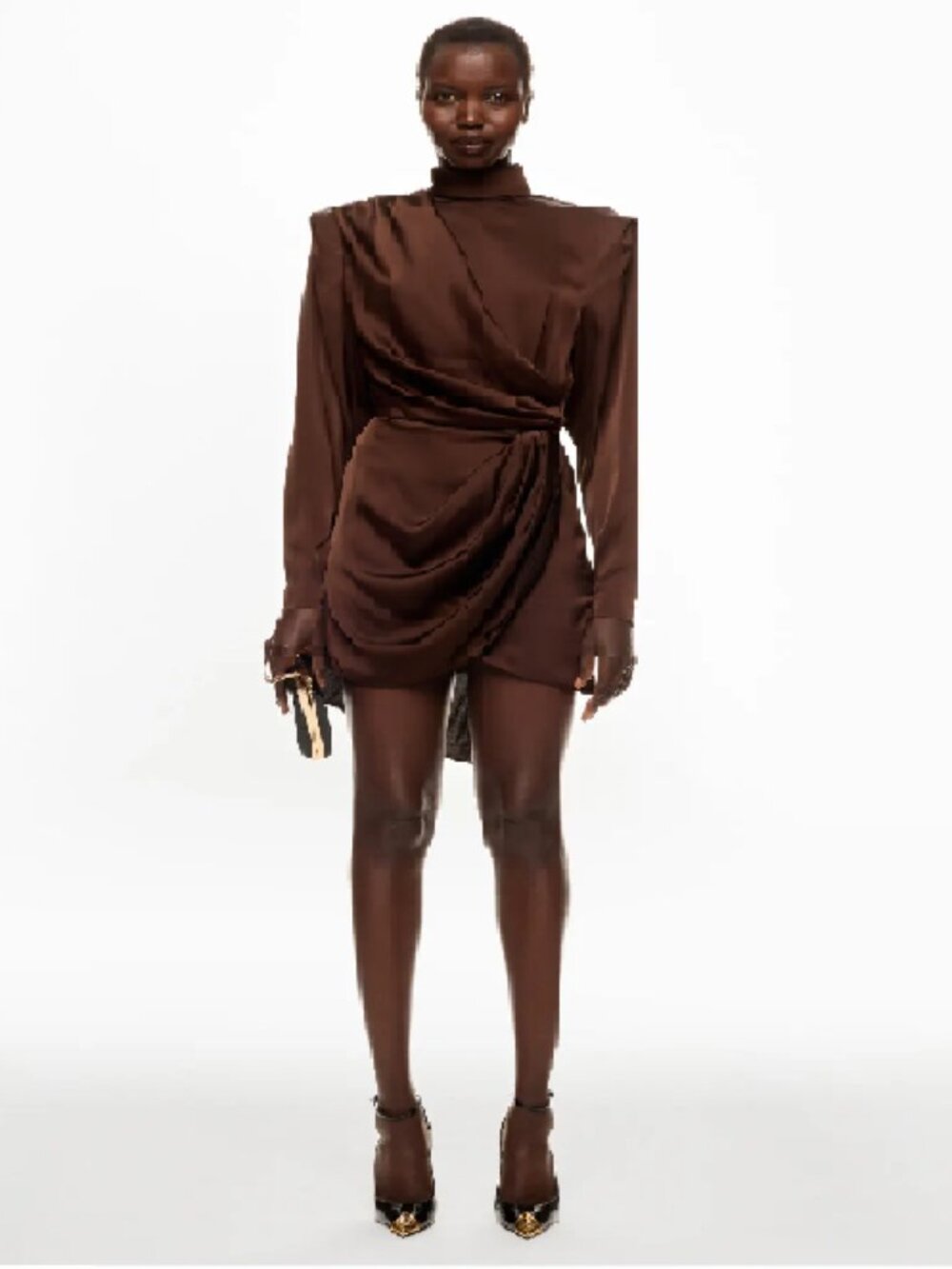 Ronny Kobo Bianca Chocolate Brown Satin Draped Mini Dress $598
